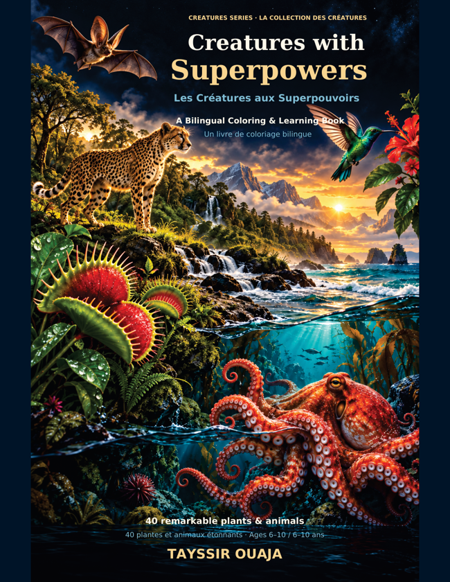 Creatures with Superpowers, the English–French coloring and learning book cover